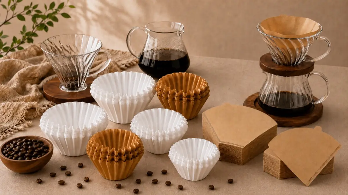 Coffee filter paper range with cone filters basket filters and paper stacks