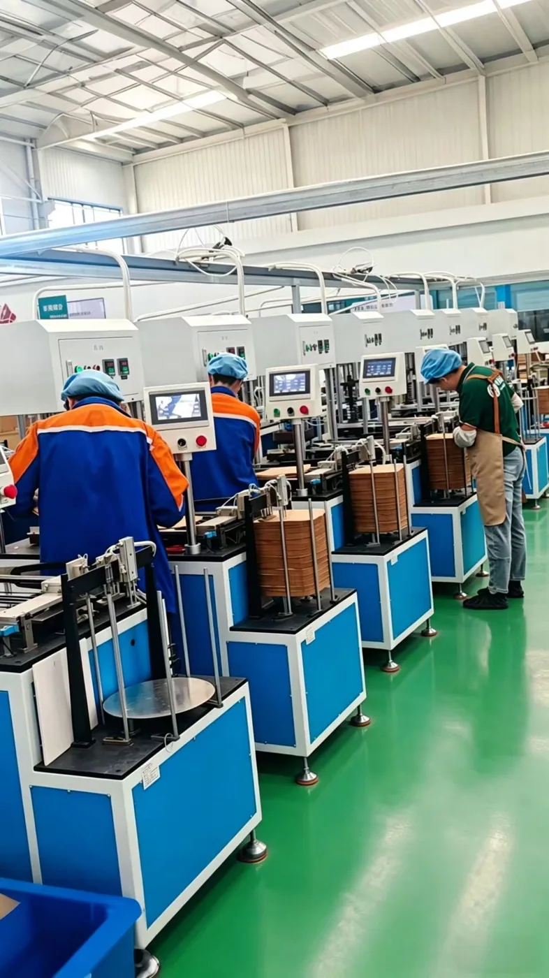 Operators working at paper product production stations in the Zhongji Paper workshop