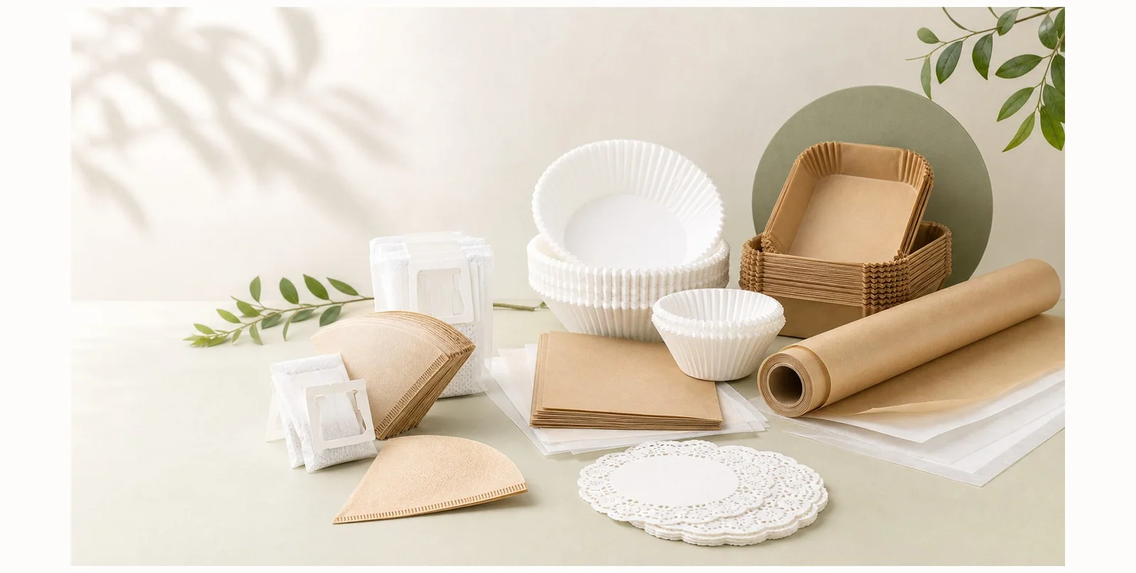 White and natural food-contact paper products including coffee filters, air fryer liners, baking cups, parchment sheets and paper doilies