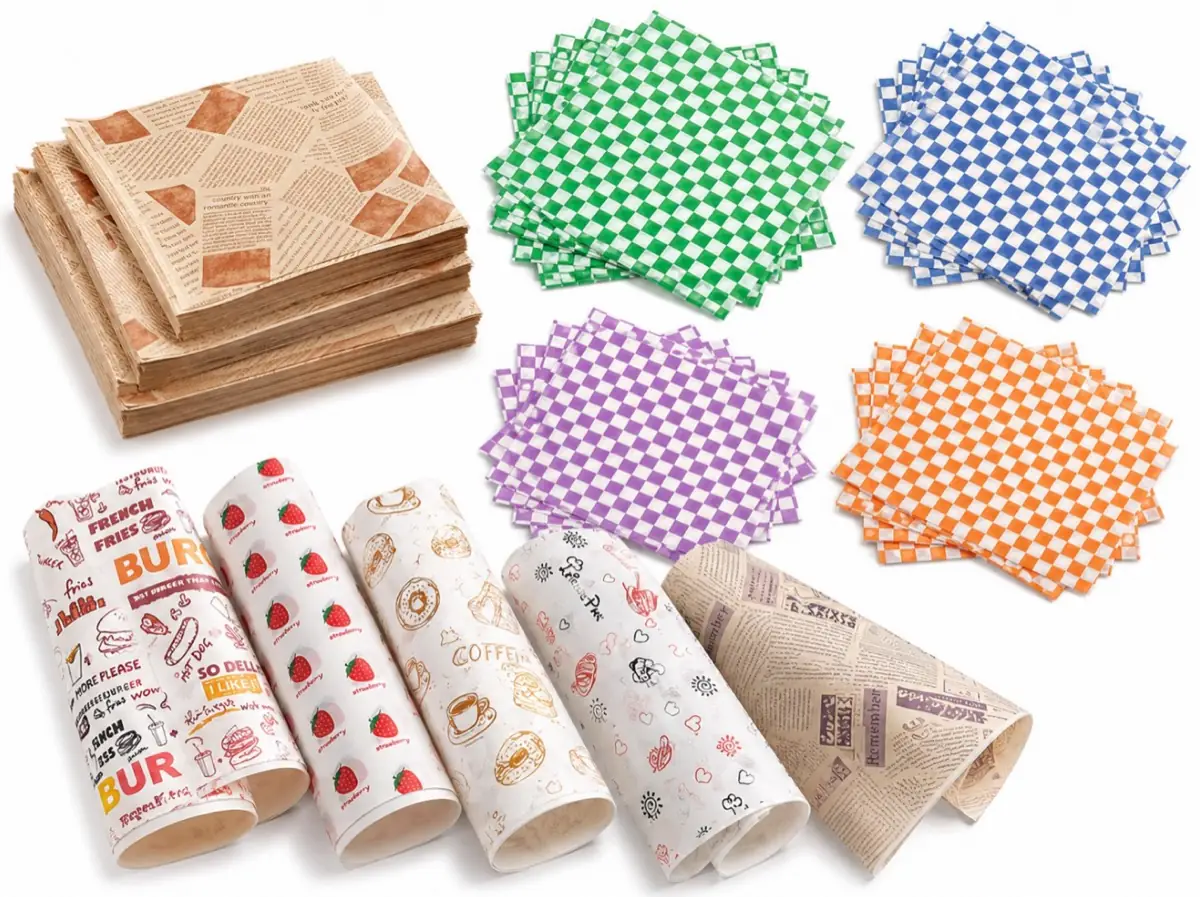 Printed greaseproof wrapping paper sheets and rolls for food service packaging