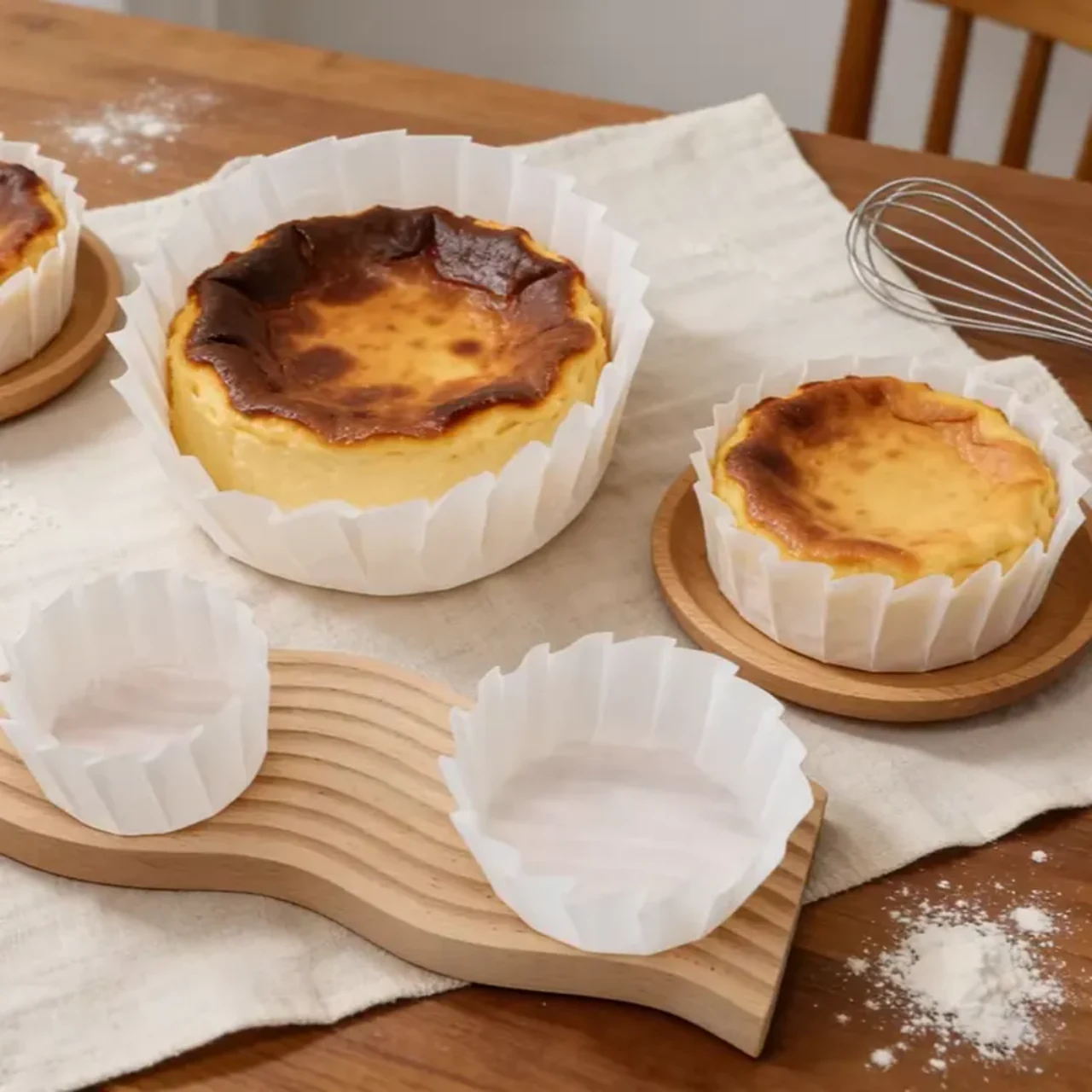 Gâteaux basques et chemises en papier blanc vides sur un plan de travail de pâtisserie.