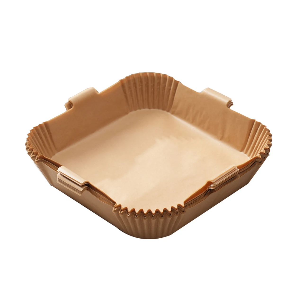 Natural-color square air fryer paper liner with lifting tabs on a white background.