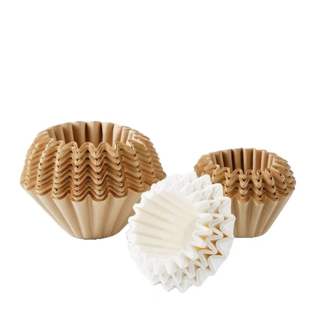 Natural-color and white pleated basket coffee filters arranged on a white background.