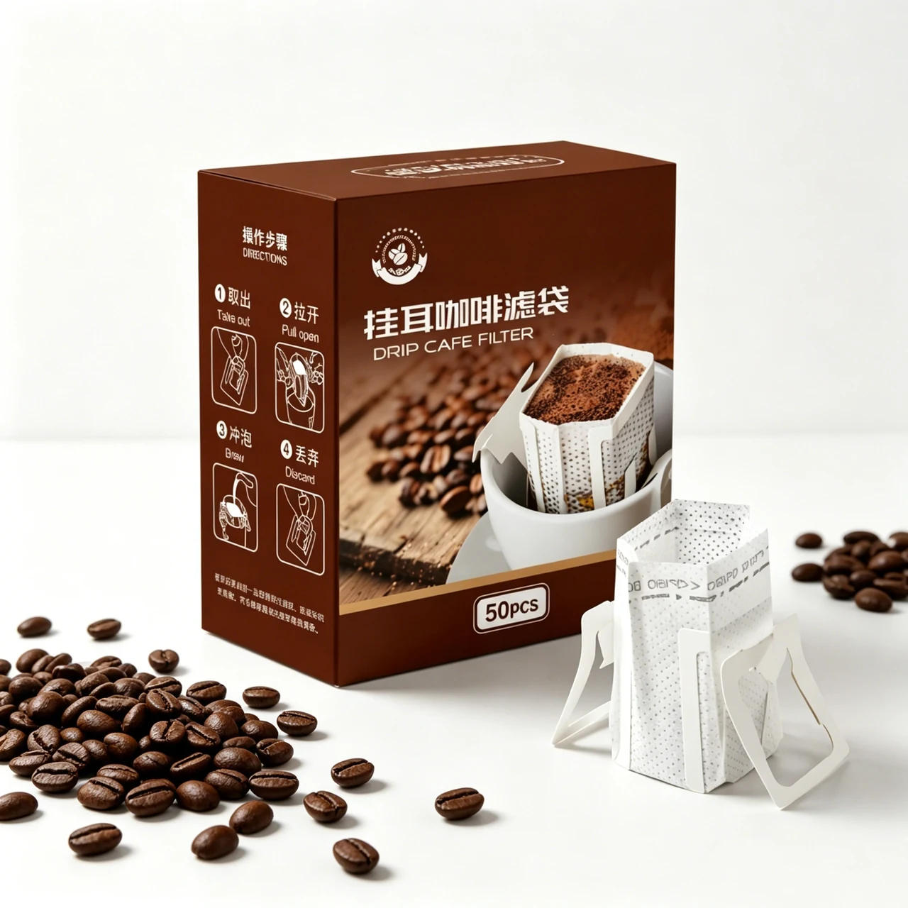 Printed retail carton for drip coffee filter bags beside an opened filter bag.