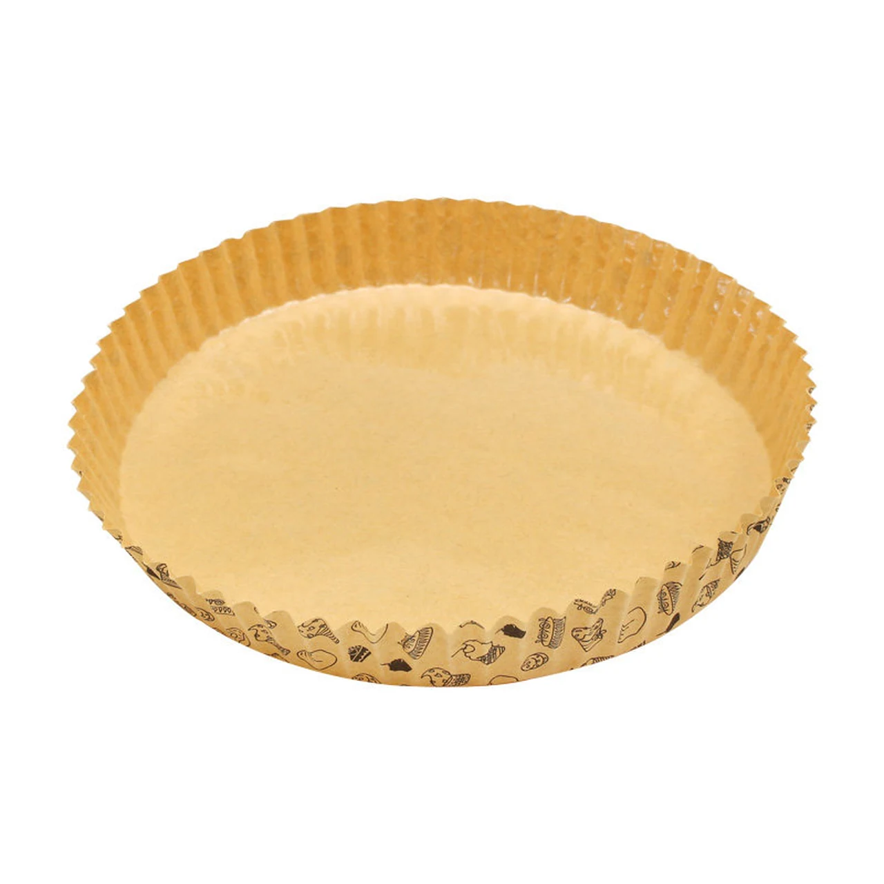 Natural-color round pizza paper tray with printed sides on a white background.