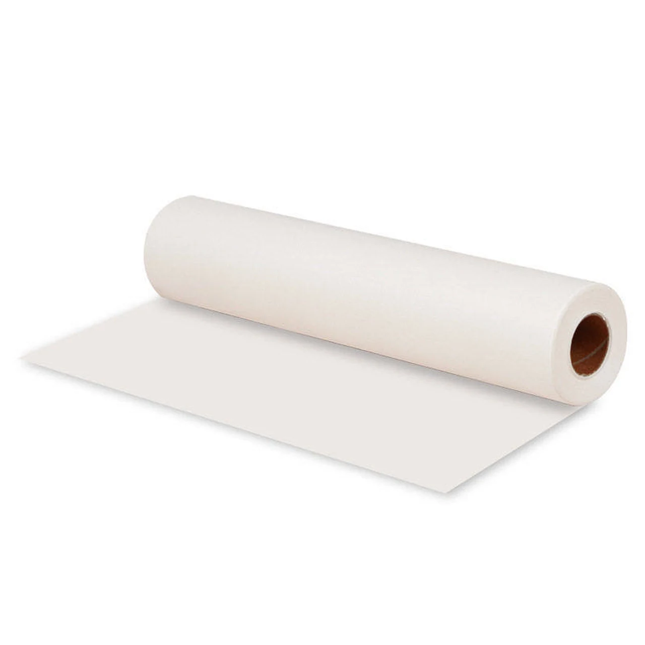 White baking paper roll partly unrolled on a white background.