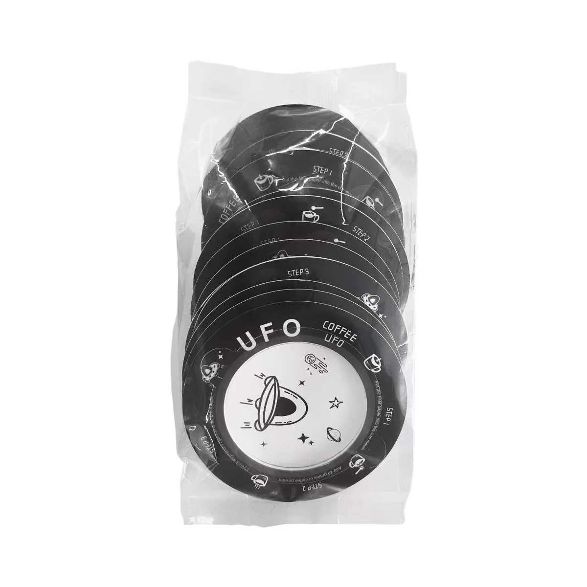 Round coffee support filters with UFO graphics packed in a clear bag.