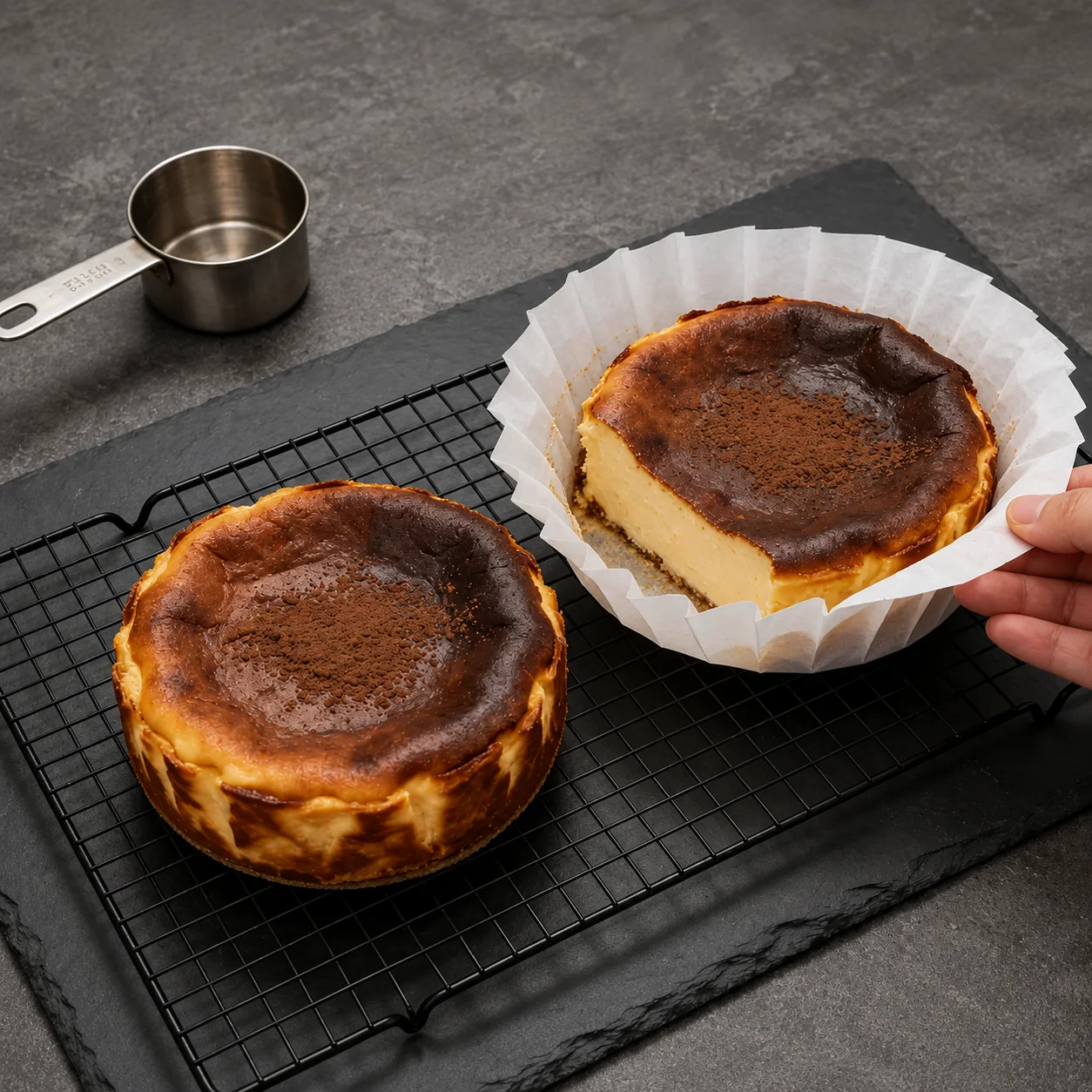 Basque cheesecakes on a cooling rack with one cake resting in a white paper liner