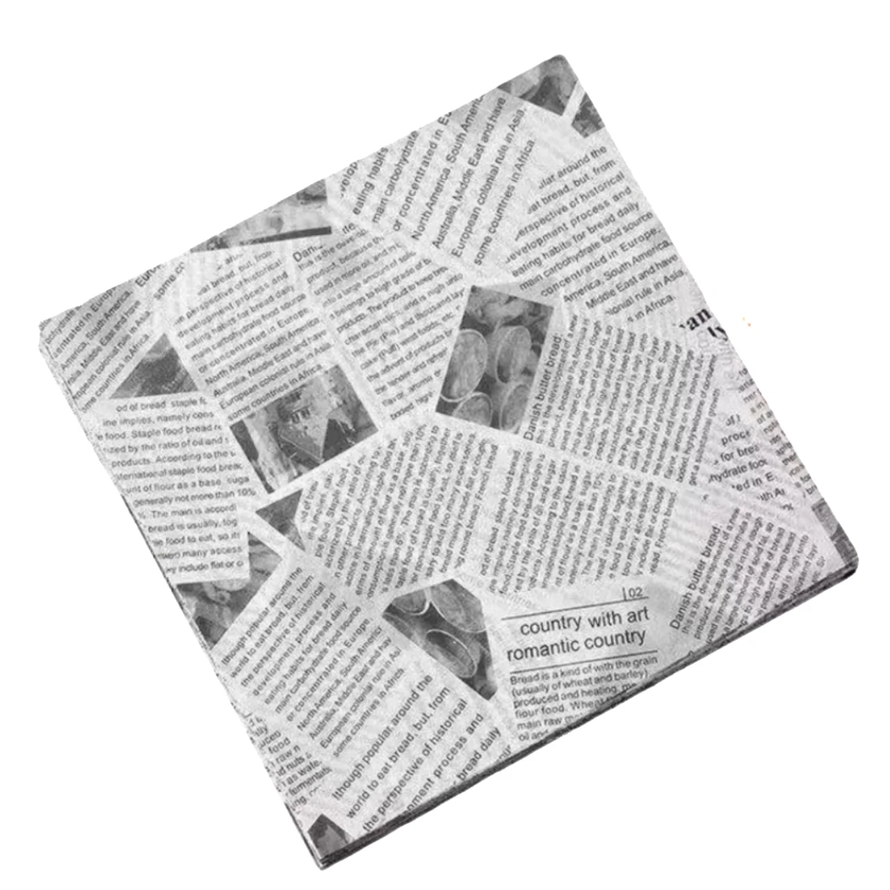Black and white newspaper-print food lining paper on a white background