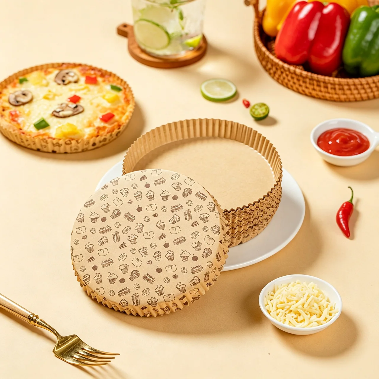 Printed brown paper pizza trays displayed beside a prepared pizza