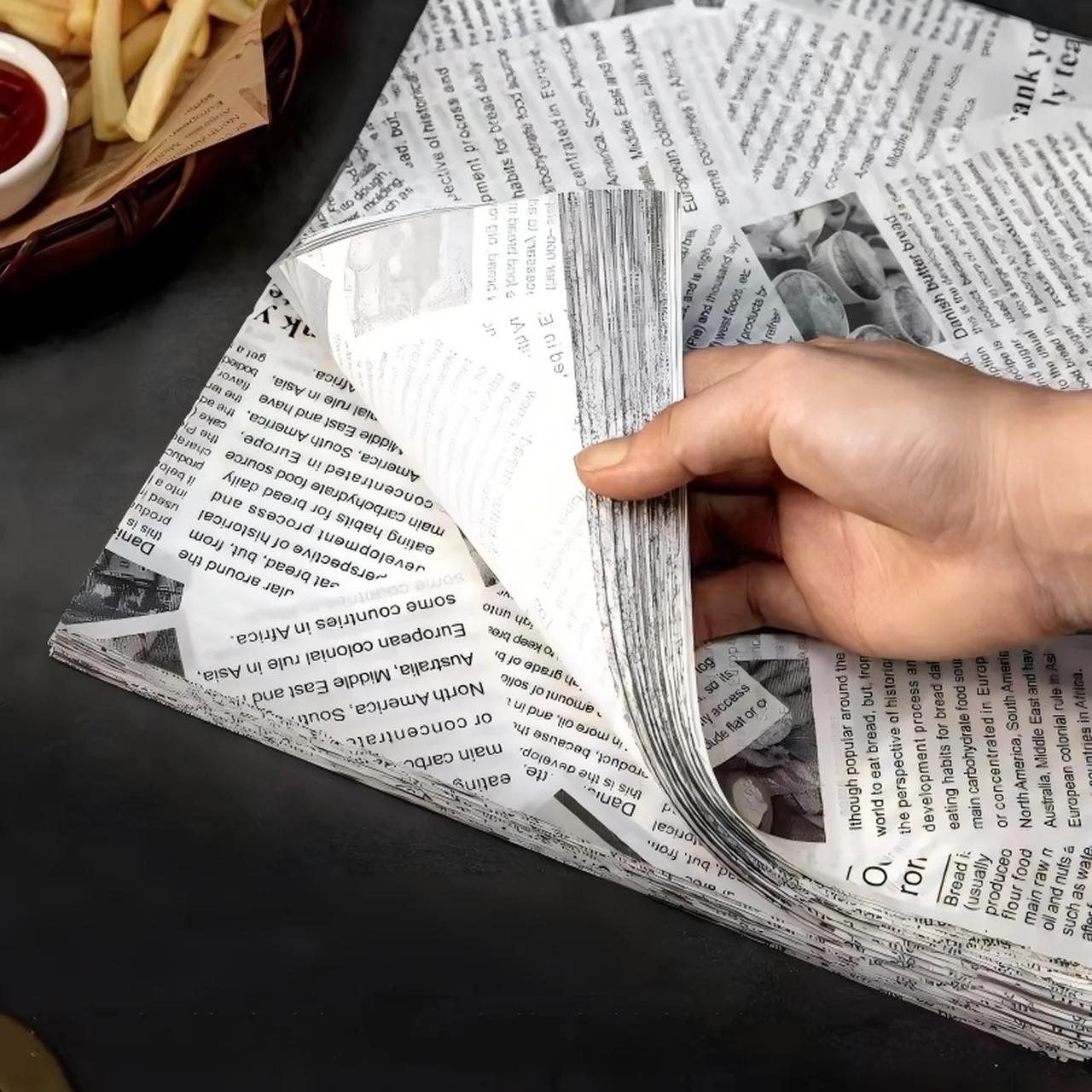 Une main tient ouverte une feuille de papier ingraissable à motif journal noir et blanc.