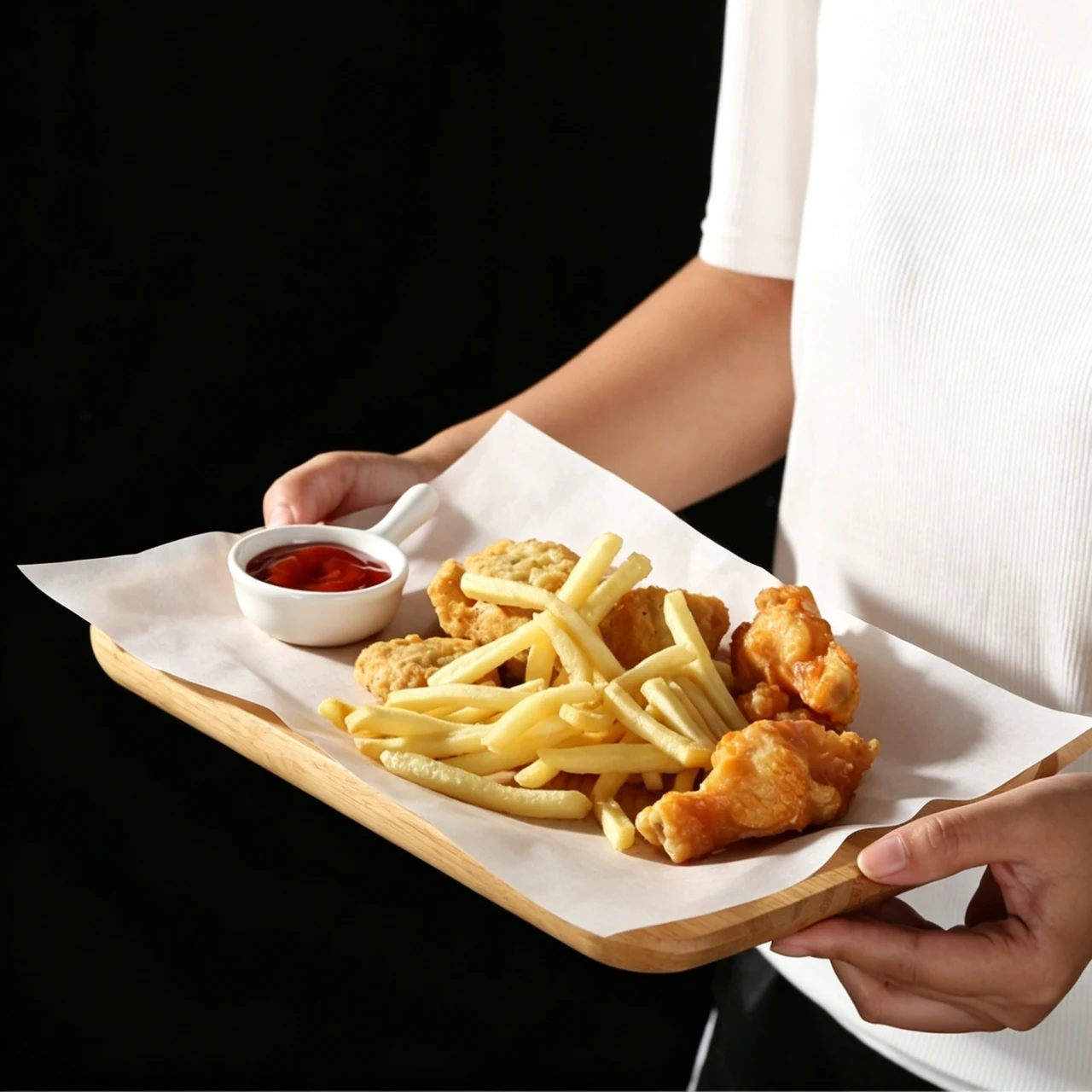 Une personne tient un plateau tapissé de papier avec des frites et des aliments frits.