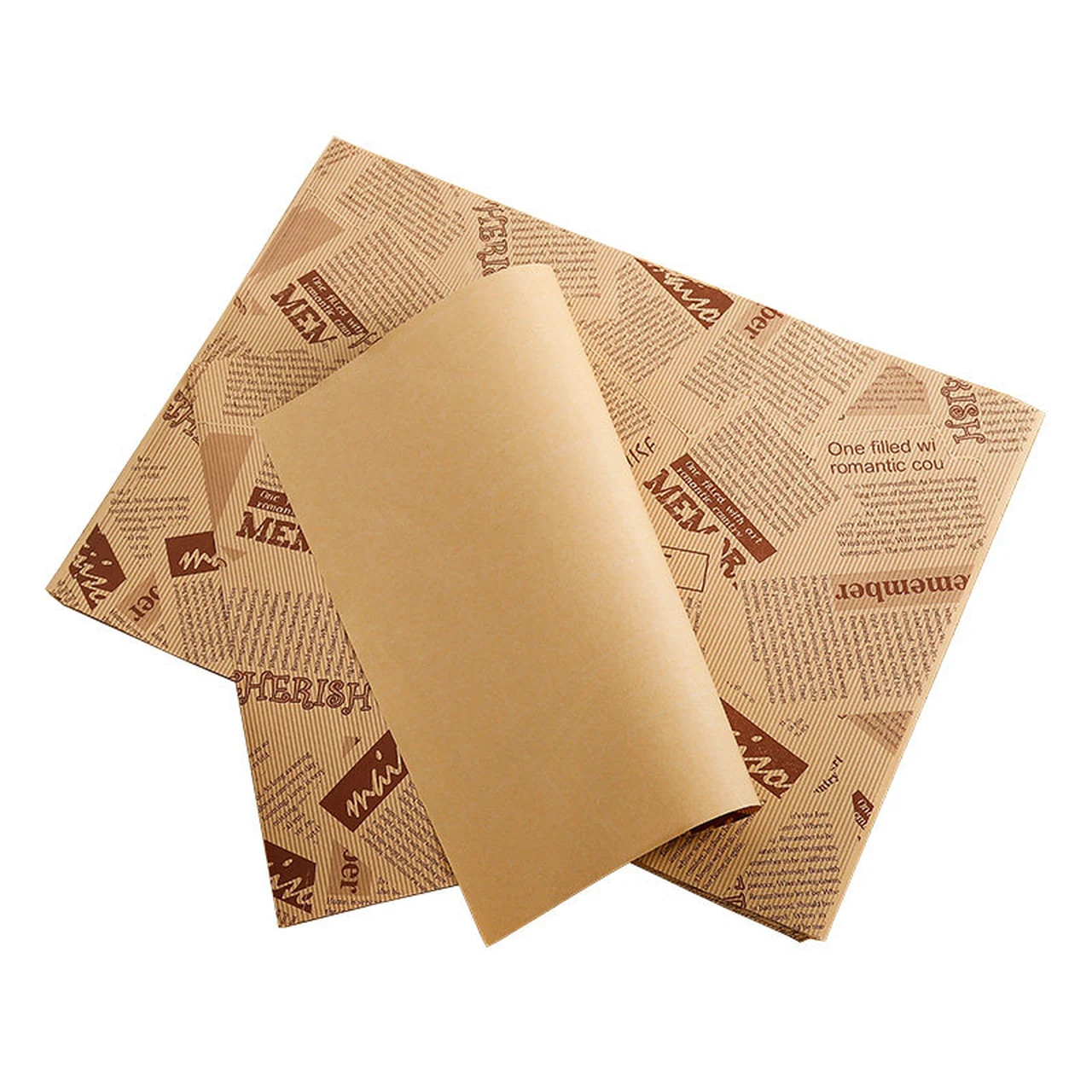 Stack of natural-brown newspaper-pattern food wrapping sheets on a white background.