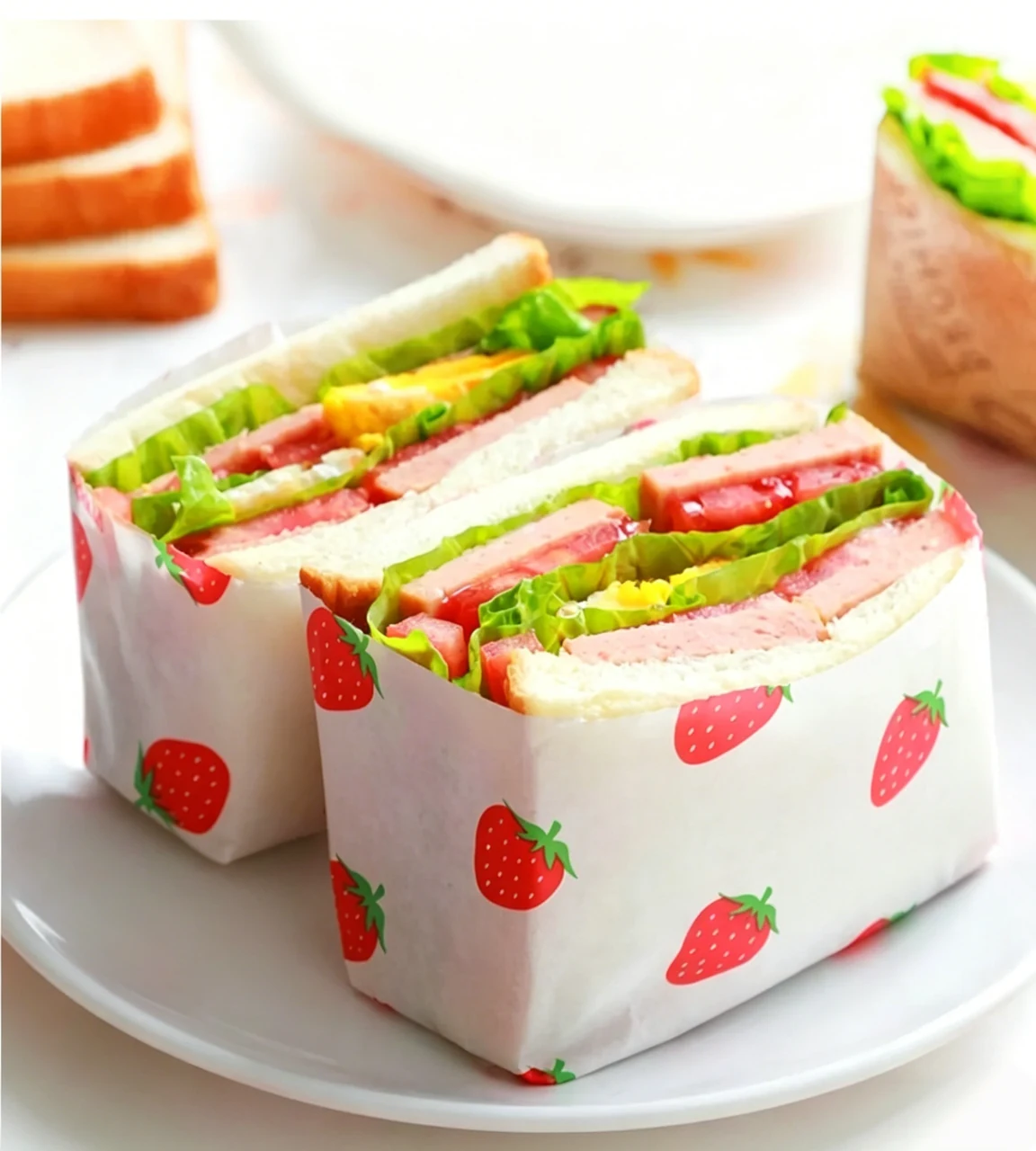 盘中用草莓图案食品纸包裹的三明治。