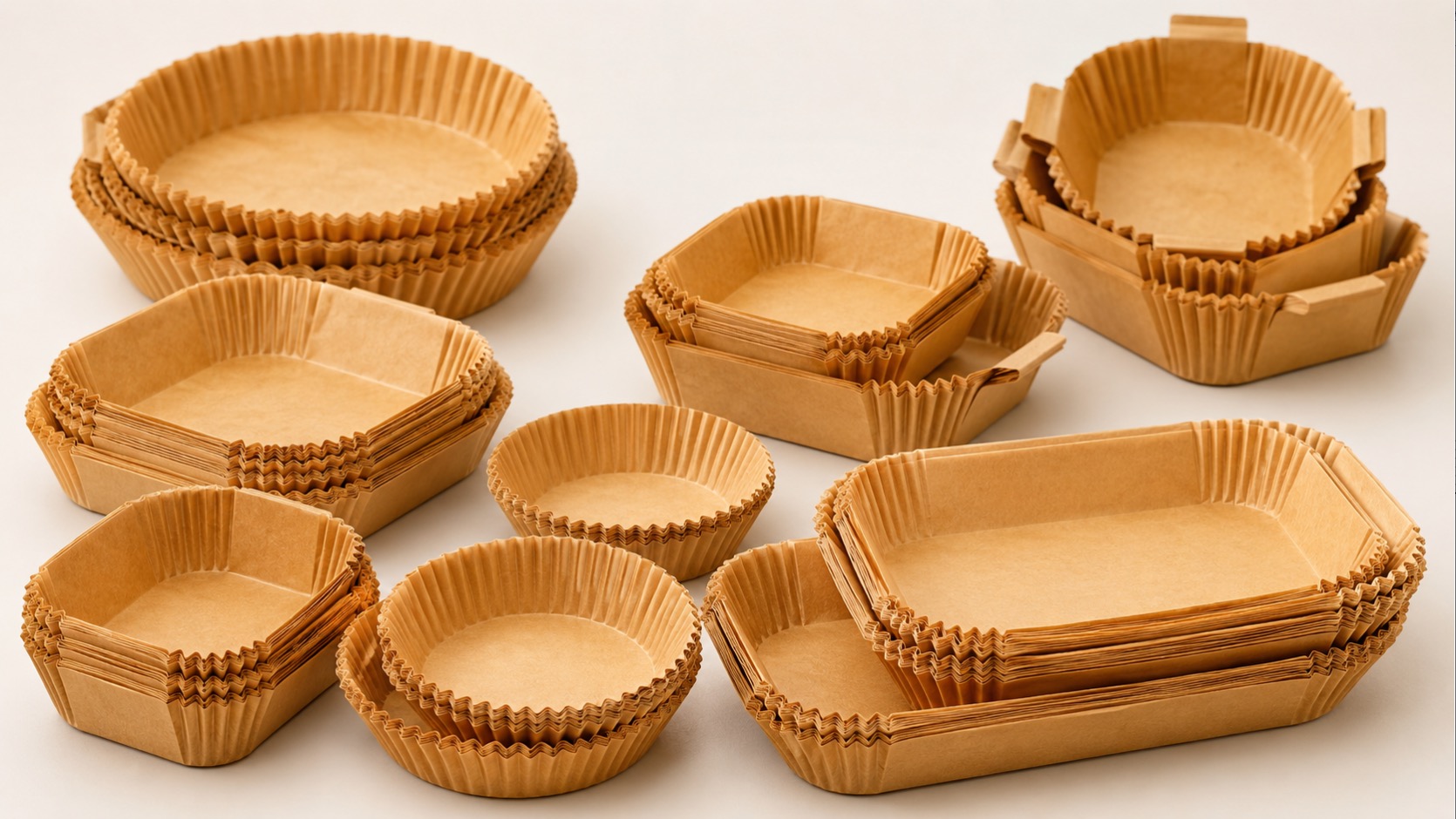 Natural kraft air fryer paper liners in round, square and rectangular shapes