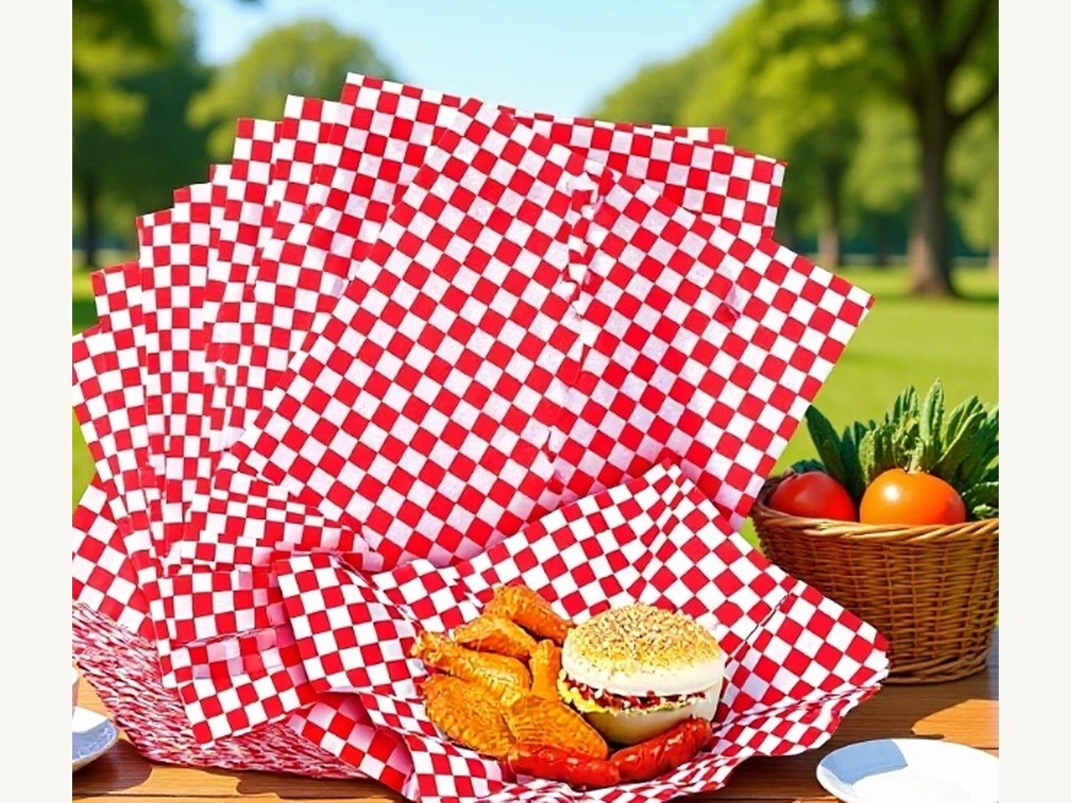 Red checkered greaseproof food paper for burgers and takeaway wrapping