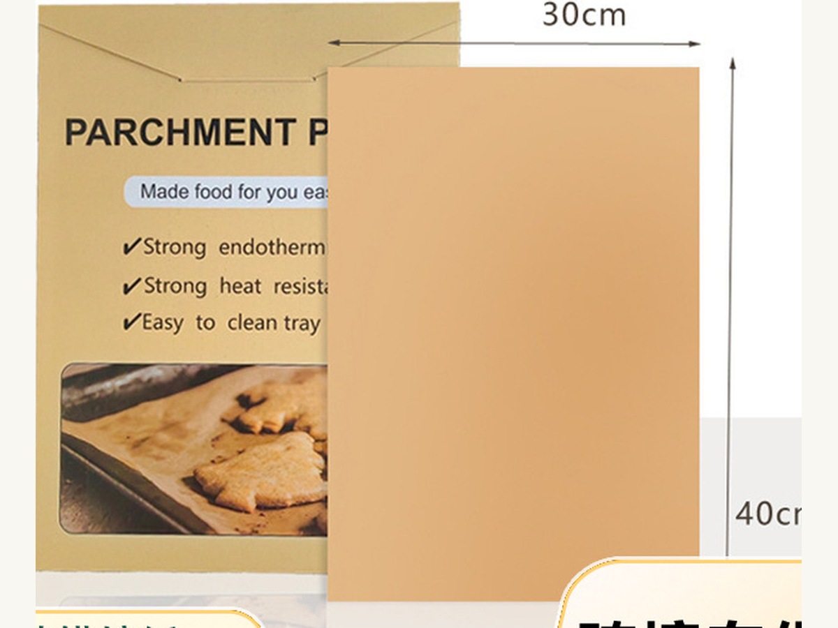 Boxed parchment paper packaging with sheet size reference