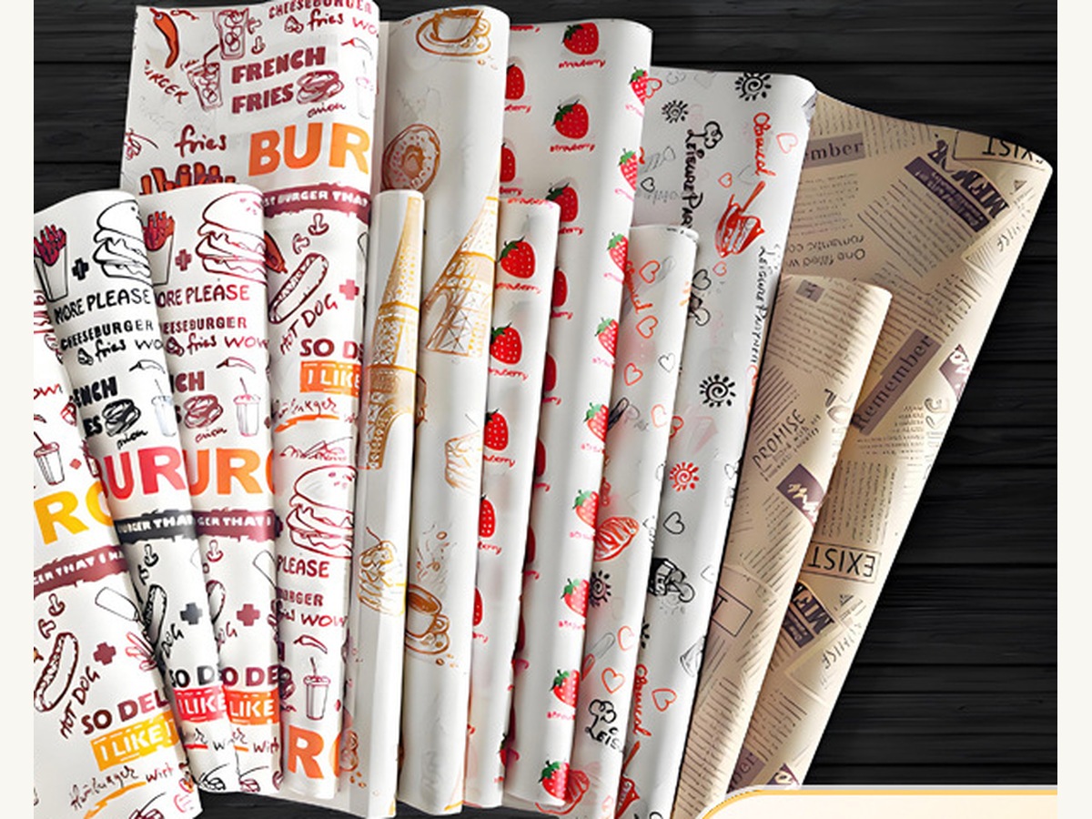 Printed greaseproof wrapping paper rolls for foodservice packaging